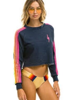 Aviator Nation Navy Cropped Sweatshirt with Pink & Orange Sleeve Stripes
